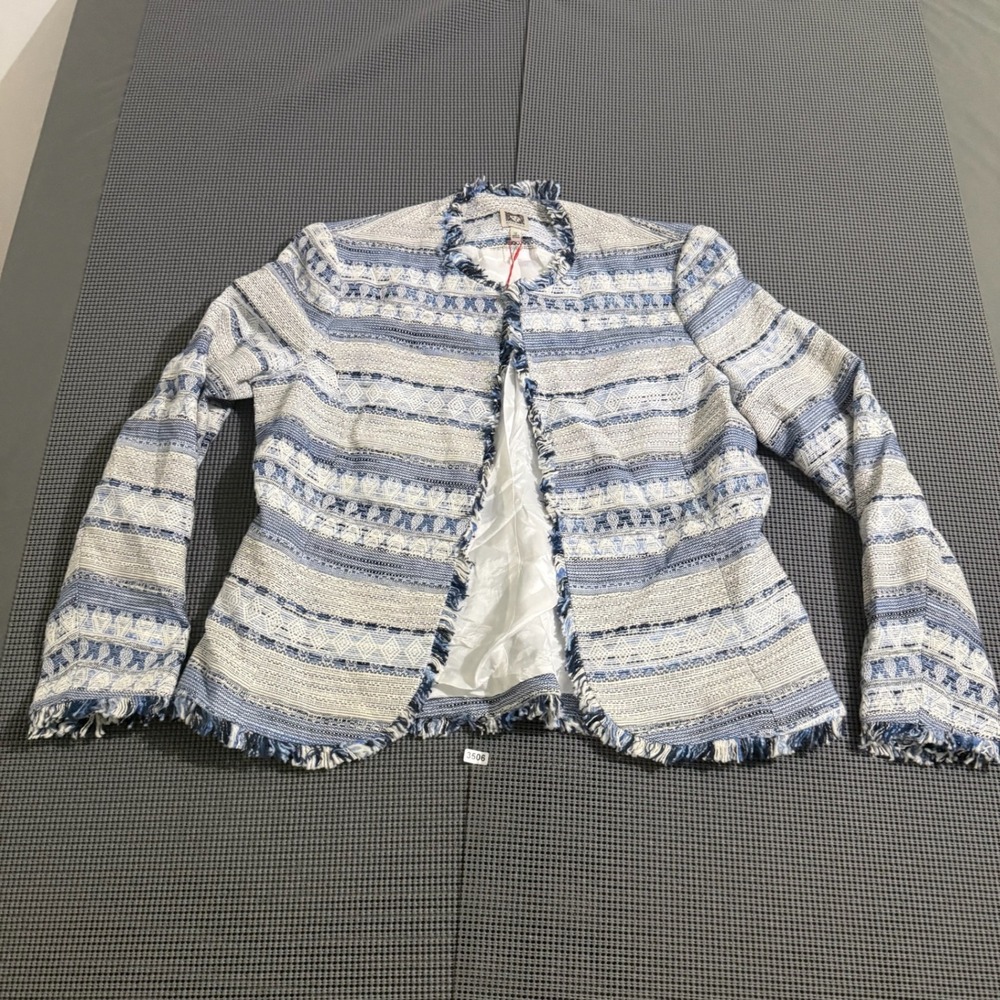 Anne Klein Harbor Blue White Textured Fringe Trim Jacket Womens Size 12 10646750